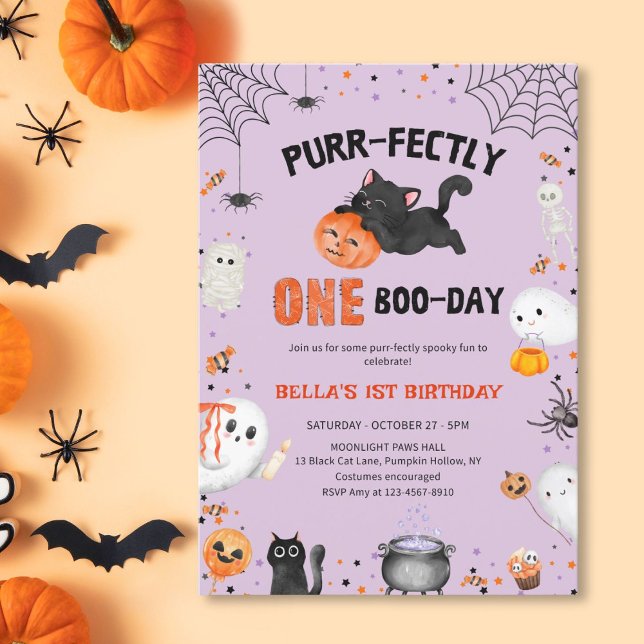 Purr-fectly One Boo-day Cat Halloween 1st Birthday Invitation (Creator Uploaded)