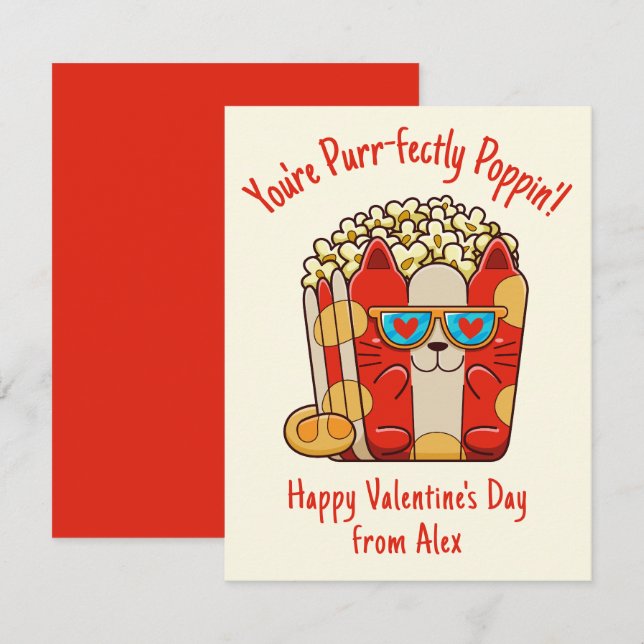 Purr-fectly Poppin' Funny Cat Popcorn Valentine Card (Front/Back)