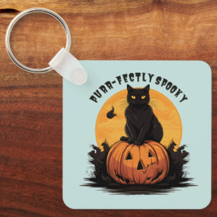 Purr-fectly Spooky Black Cat on Pumpkin Halloween Keychain