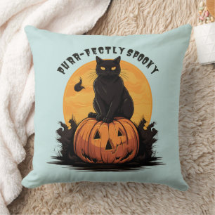 Purr-fectly Spooky Black Cat on Pumpkin Halloween Throw Pillow