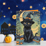 Purr-fectly Spooky Night van Gogh Style Halloween  Holiday Card<br><div class="desc">This enchanting Halloween greeting card features a whimsical design inspired by Vincent van Gogh’s iconic style. The front showcases a black cat donning a whimsical pointed witch hat, surrounded by several pumpkins. The background is a mesmerizing swirl of stars and a crescent moon, reminiscent of Van Gogh’s “Starry Night, ”...</div>