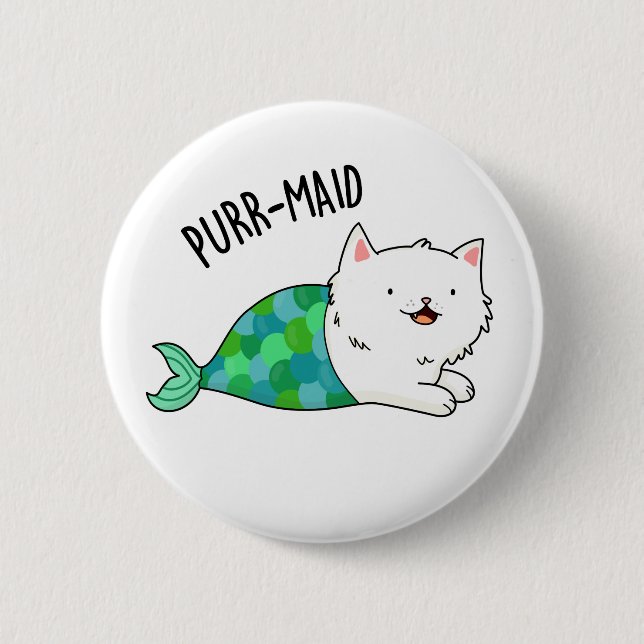 Purr-maid Funny Kitty Cat Mermaid Pun  2 Inch Round Button (Front)