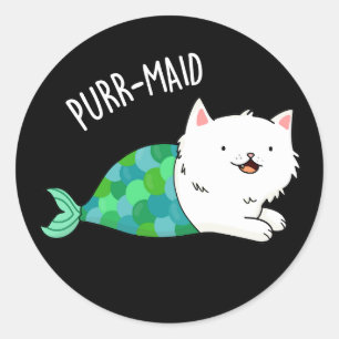 Purr-maid Funny Kitty Cat Mermaid Pun Dark BG Classic Round Sticker