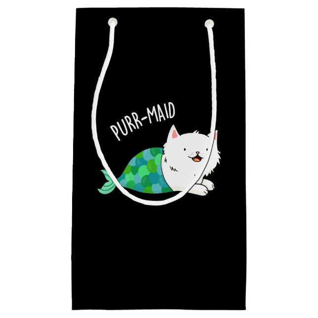 Purr-maid Funny Kitty Cat Mermaid Pun Dark BG Small Gift Bag (Front)