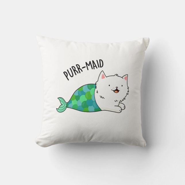 Purr-maid Funny Kitty Cat Mermaid Pun  Throw Pillow (Front)