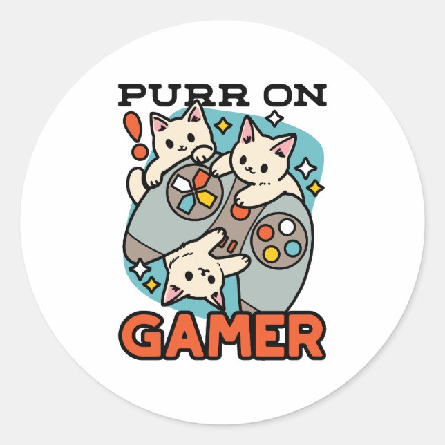 Purr On Gamer - Cute Cat Gaming Design Classic Round Sticker (Front)