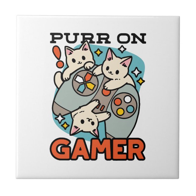 Purr On Gamer - Cute Cat Gaming Design Tile (Front)