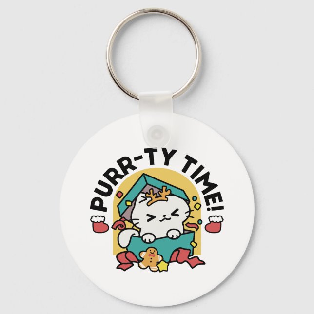 Purr-ty Time! - Festive Cat Christmas Design Keychain (Front)