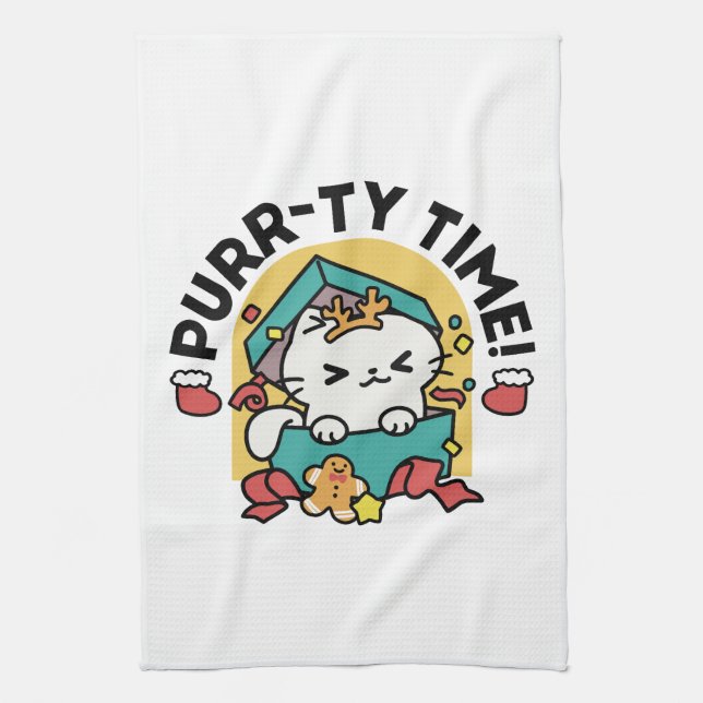 Purr-ty Time! - Festive Cat Christmas Design Kitchen Towel (Vertical)