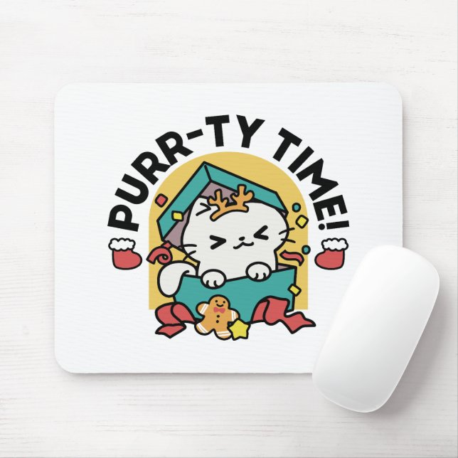 Purr-ty Time! - Festive Cat Christmas Design Mouse Pad (With Mouse)