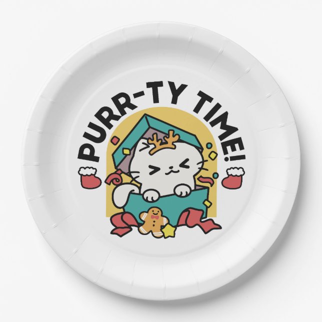 Purr-ty Time! - Festive Cat Christmas Design Paper Plate (Front)