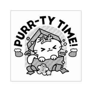 Purr-ty Time! - Festive Cat Christmas Design Rubber Stamp