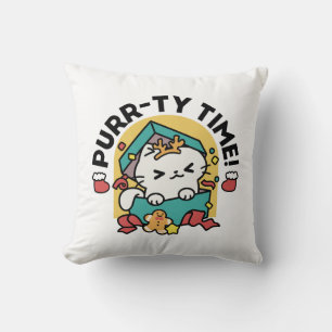 Purr-ty Time! - Festive Cat Christmas Design Throw Pillow