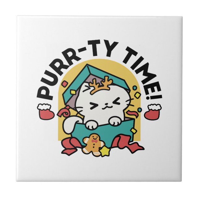 Purr-ty Time! - Festive Cat Christmas Design Tile (Front)