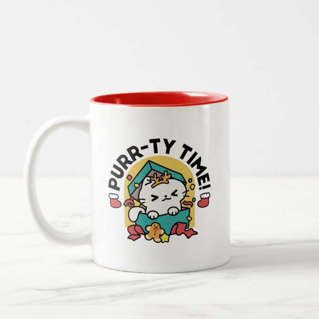 Purr-ty Time! - Festive Cat Christmas Design Two-Tone Coffee Mug (Left)