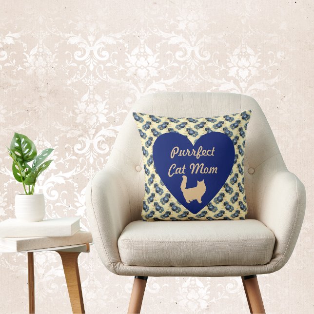 Purrfect Cat Mom Blue and Gold Heart Floral Yellow Throw Pillow (Creator Uploaded)