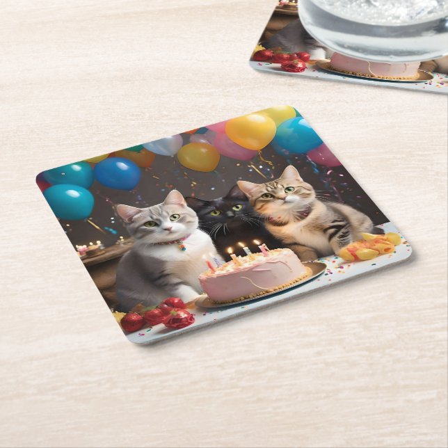 Purrfect Celebration: A Cat's Birthday Party Cake Square Paper Coaster (Angled)