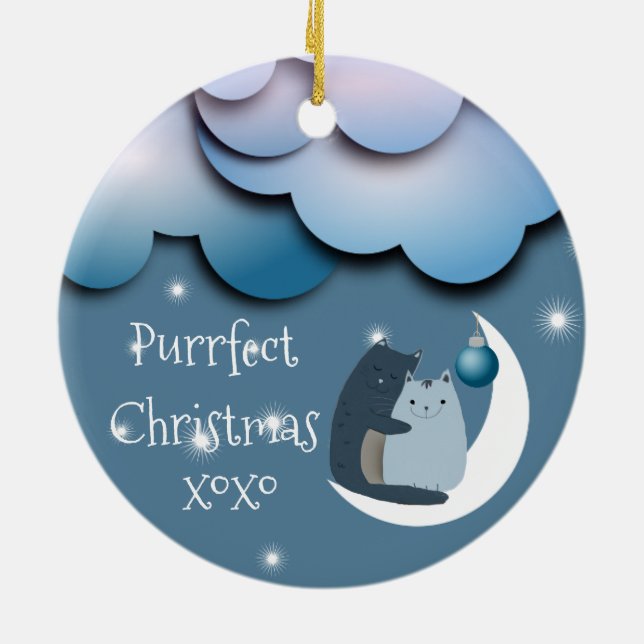Purrfect Christmas Cats on the Moon Custom Ceramic Ornament (Back)