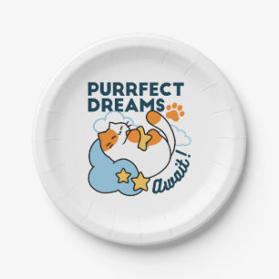 Purrfect Dreams Await – Cute Sleeping Cat Dreamy Paper Plate