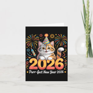 Purrfect New Year 2026 Cute Cat Fireworks Celebrat Card