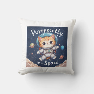 Purrfectly in Space Cute Kawaii Astronaut Cat Throw Pillow