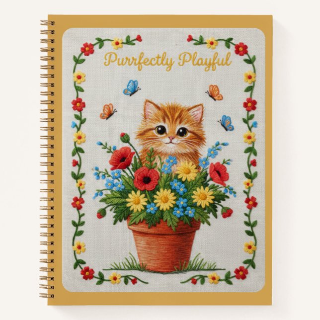 Purrfectly Playful Embroidered Kitten Poppies Notebook (Front)