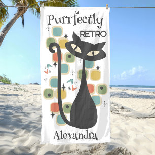 Purrfectly Retro Black Cat Mid Century Beach Towel