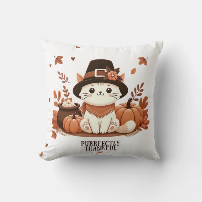 Purrfectly Thankful Throw Pillow (Front)