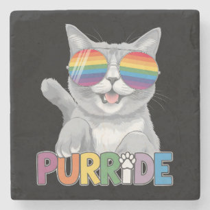 Purride Cat Sunglasses Gay Pride Rainbow LGBTQ Stone Coaster