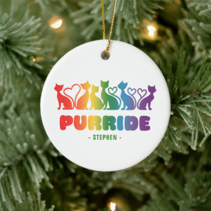 Purride – Rainbow Cat Silhouette LGBTQ+ Pride Pun Ceramic Ornament
