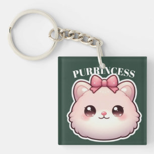 Purrincess Cute Pink Kitty Bow Design Keychain