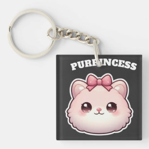 Purrincess Cute Pink Kitty Bow Design Keychain