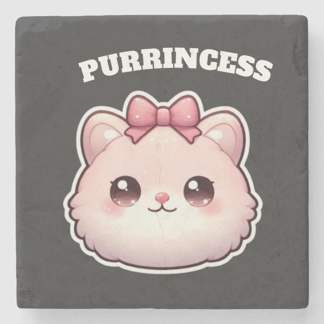 Purrincess Cute Pink Kitty Bow Design Stone Coaster (Front)