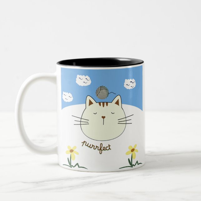 Purring Cat with Yarn Ball Two-Tone Coffee Mug (Left)
