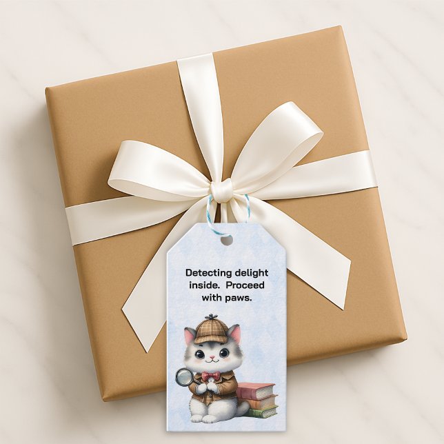 Purrlock Holmes Detective Kitten Gift Tags (Whimsical detective cat with books and saying gift tag with to and from on backside of tag.)