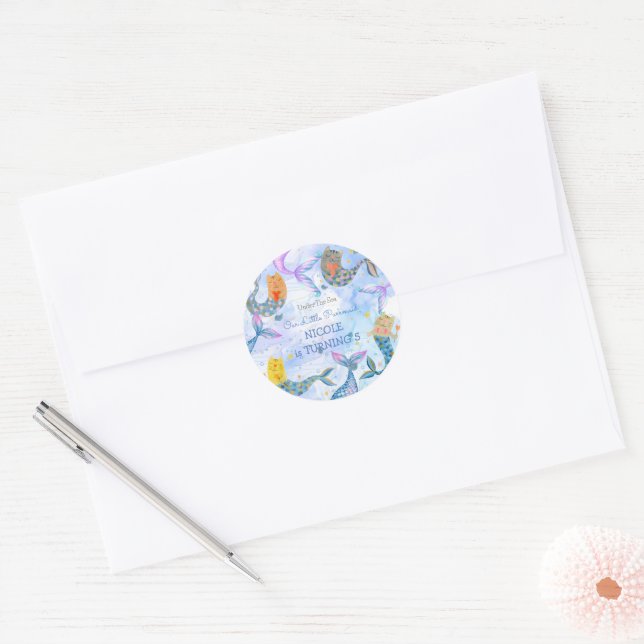 Purrmaid cat mermaid watercolor girl birthday classic round sticker (Envelope)