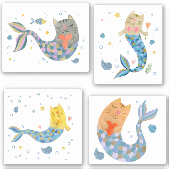 Purrmaid cat mermaid watercolor girl sticker pack (Front)