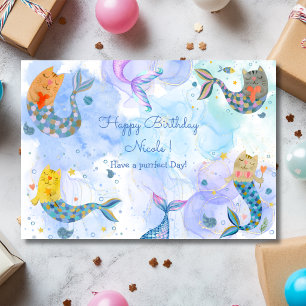 Purrmaid cat mermaid watercolor happy birthday  card