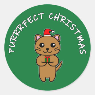PURRRFECT CHRISTMAS - Brown Cat & White Writing 2 Classic Round Sticker