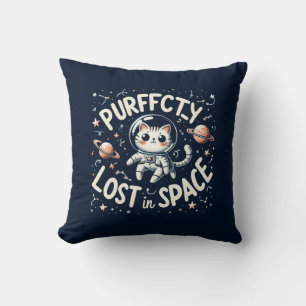 Purrrfectly Lost in Space Cute Cat Astronaut Throw Pillow