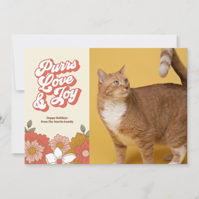 Purrs Love and Joy Retro Groovy Cat  Holiday Card (Front)