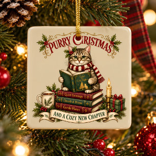 Purry Christmas Cozy Cat Book Lover Ceramic Ornament