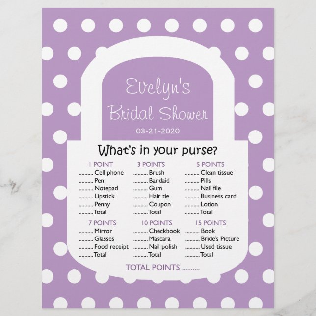 Purse Bridal Shower Game - African Violet (Front)
