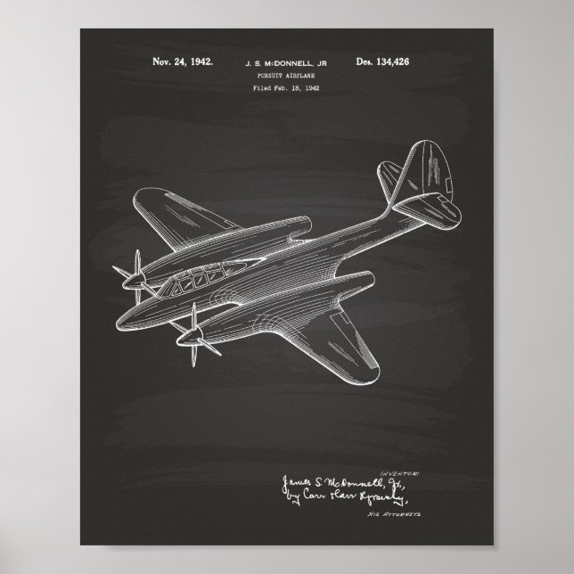 Pursuit Airplane 1942 Patent Art Chalkboard Poster (Front)