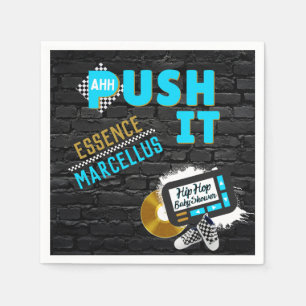 Push It 90's Retro Neon Blue Hip Hop Baby Shower Napkin