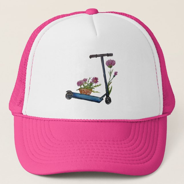Push Scooter & Fleurs Casquette d'aquarelle (Devant)
