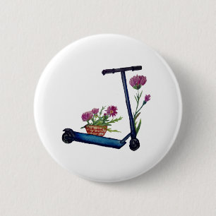 Push Scooter & Flowers Watercolor Art Badge 2 Inch Round Button