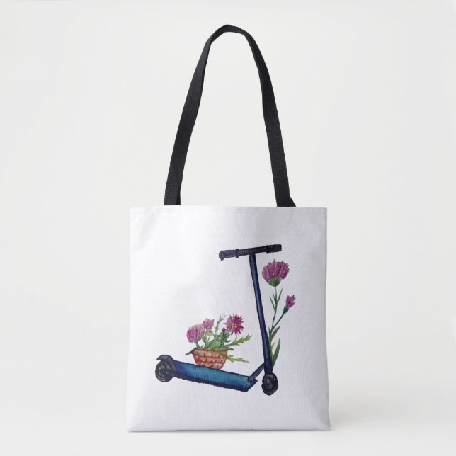 Push Scooter & Flowers Watercolor Art Tote (Front)