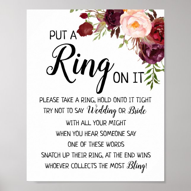 Put a Ring on it bridal shower game marsala sign (Front)