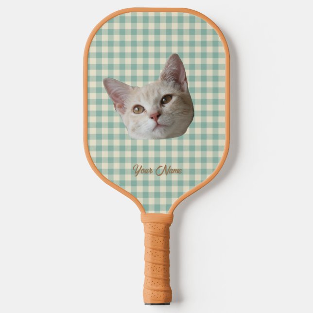 Put Your Cat Photo on Gingham Pickleball Paddle (Front)